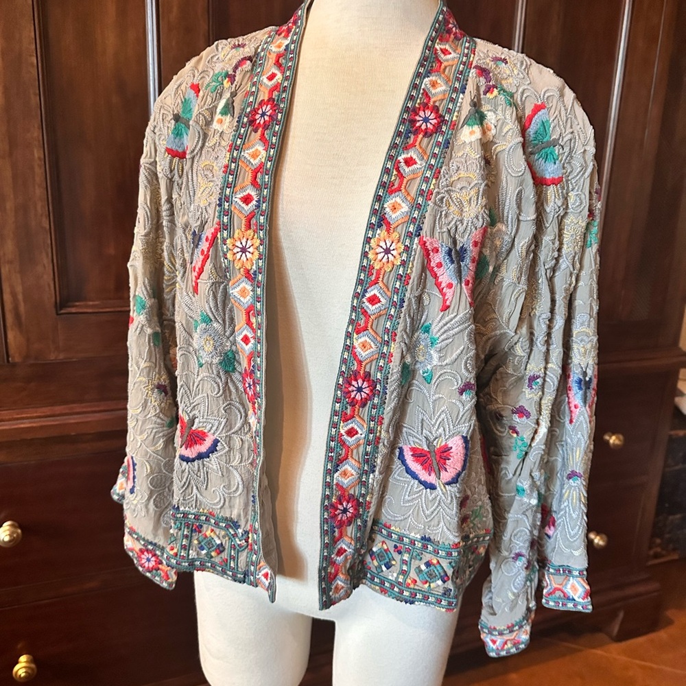 Johnny Was Embroidered Kimono Jacket with Multicolor Design